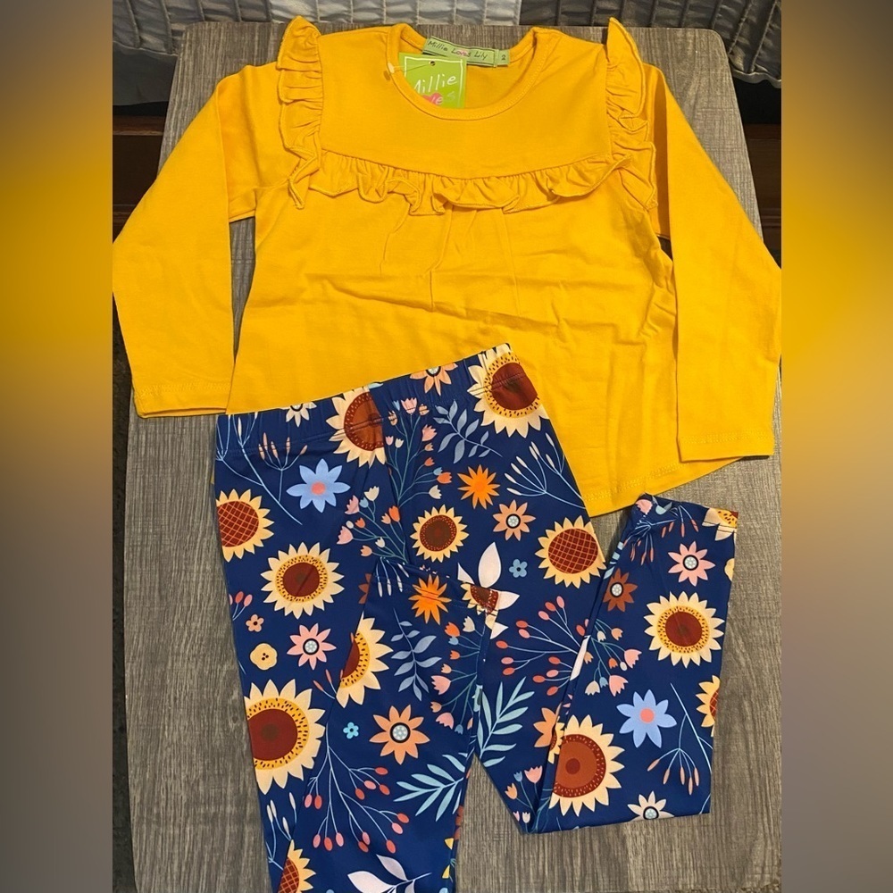 NEW - Millie loves Lily Rust & Navy Sunflower Meadow Ruffle LS Top & Leggings